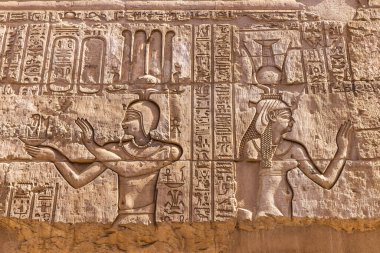 Kom Ombo, Aswan, Mısır. Kom Ombo Tapınağı 'nda oyulmuş duvar resmi..