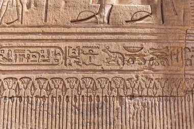 Kom Ombo, Aswan, Mısır. Kom Ombo tapınağında oyulmuş hiyeroglifler..