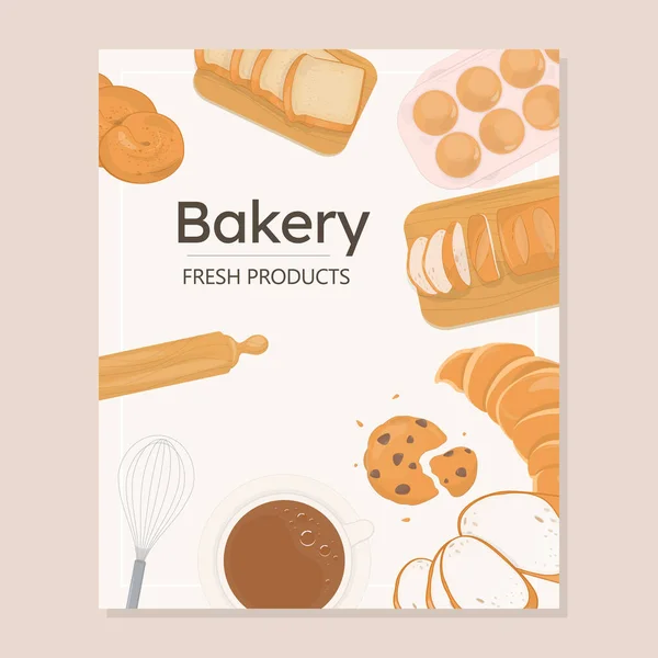 Bakkerij Achtergrond Template Ontwerp Met Brood Croissant Koekje Koffie Bakgereedschap — Stockvector