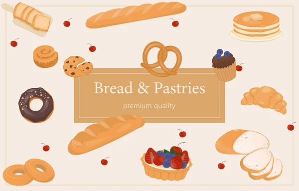 Bakkerij Brood Gebak Producten Banner Ontwerp Met Brood Stokbrood Pretzel — Stockvector
