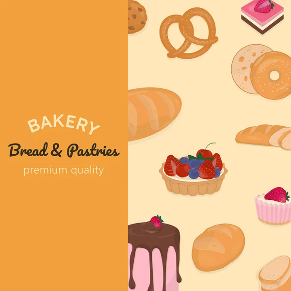 Bakkerij Brood Gebak Cake Poster Sjabloon Met Oranje Achtergrond — Stockvector