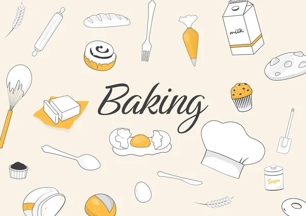 Pieczenie Tła Piekarniczego Ręcznie Rysowane Piekarni Sprzętu Kuchennego Projekt Linii — Wektor stockowy