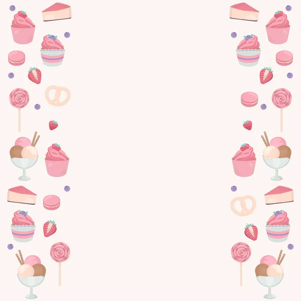 Zoet Dessert Frame Met Kopieerruimte Design Met Cake Cupcake Lolly — Stockvector