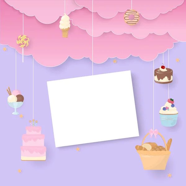 Десерт Нотная Бумага Плавающие Небе Розовым Облаком Бумага Вырезать Стиль — стоковый вектор