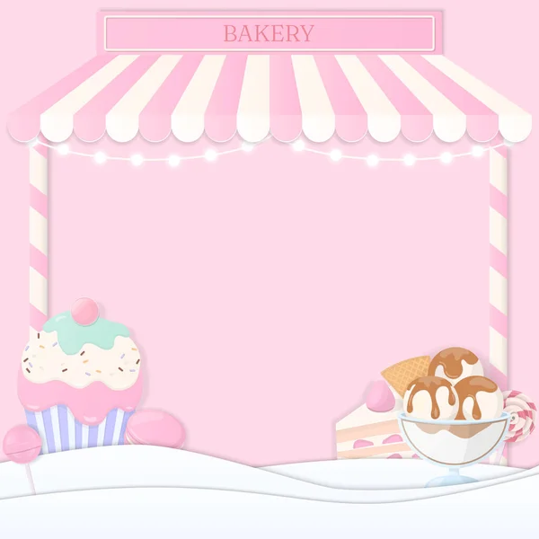 Sweet Bakery Winkel Achtergrond Concept Ontwerp Met Taart Cupcake Ijs — Stockvector
