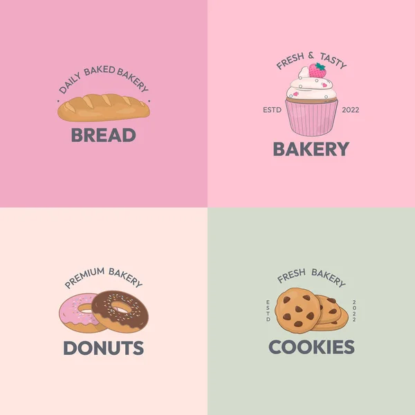 Conjunto Logotipo Padaria Com Pão Cupcake Donut Biscoito Estilo Desenhado — Vetor de Stock