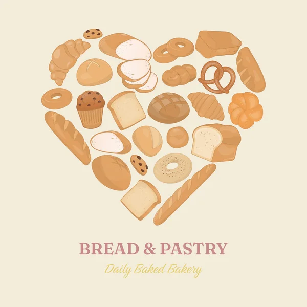 Chleb Piekarniczy Ciasto Kształcie Serca Ręcznie Rysowany Styl Tekstem — Wektor stockowy