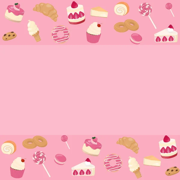 带有甜点 糕点和糖果的粉红和甜甜的烘焙背景设计 — 图库矢量图片