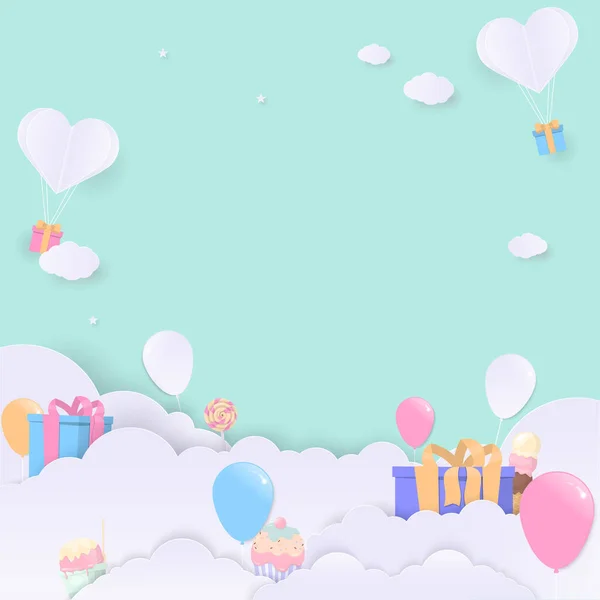 Diseño Fondo Color Pastel Con Nube Caja Regalo Globo Postre — Vector de stock