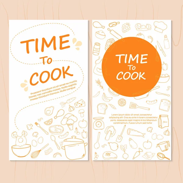 Een Voedselspandoek Voedsel Gebruiksvoorwerpen Lijn Pictogrammen Met Tekst Tijd Koken — Stockvector