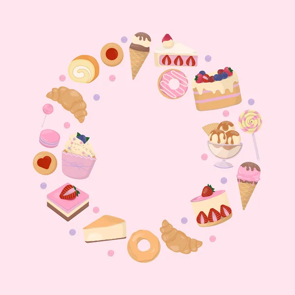 Sweet Bakery Banner Set Dessert Floating Shape Pink Background — Stock Vector