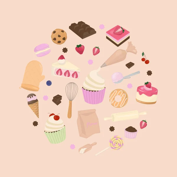面包店的横幅圆形粉刷色彩设计中的甜点 烘焙工具和配料 — 图库矢量图片