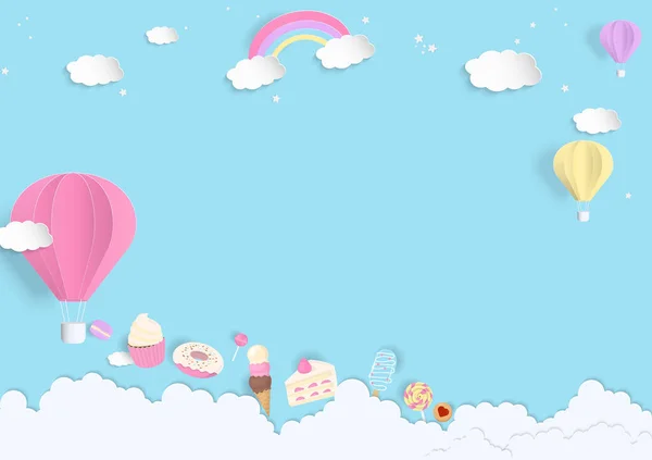 Süßes Dessert Hintergrund Bunte Luftballons Dessert Regenbogen Und Wolke Auf — Stockvektor