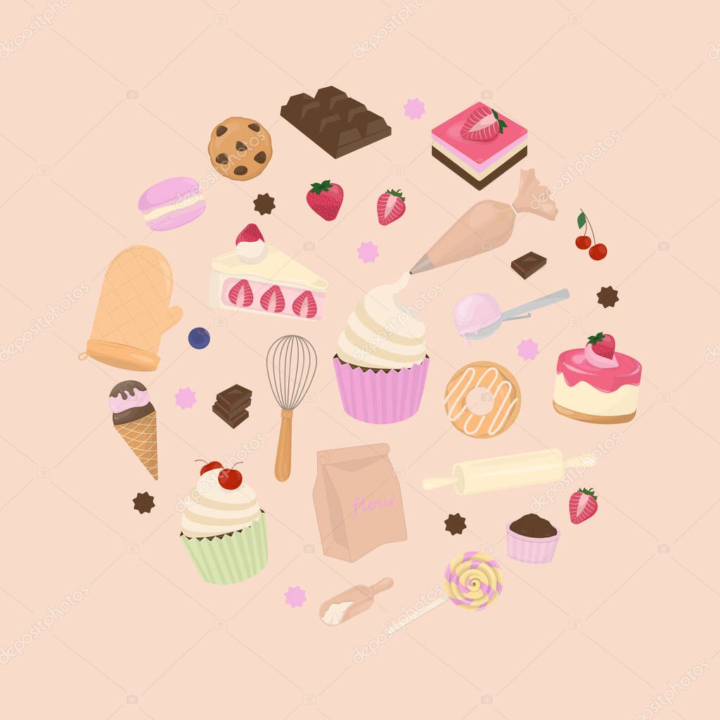 Bakery banner. Dessert, baking tools, and ingredients in pastel color design with round shape.
