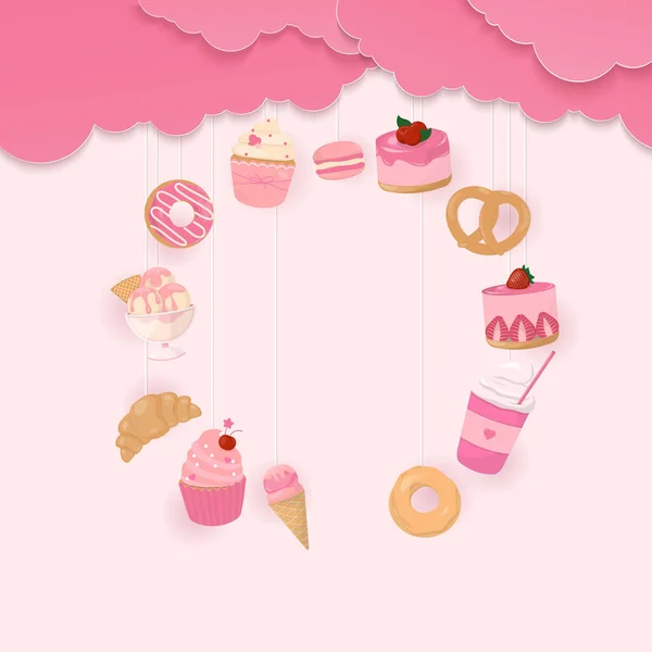 Bakery Banner Sweet Dessert Shape Pink Cloud Paper Art Style — Stock Vector