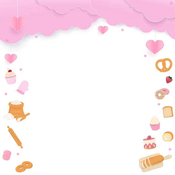 Fondo Panadería Diseño Con Productos Panadería Corazón Papel Nube Rosa — Archivo Imágenes Vectoriales