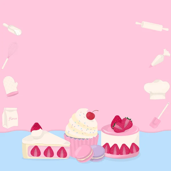 Dessert Und Backwerkzeuge Auf Rosa Hintergrund Mit Platz Für Kopiertext — Stockvektor