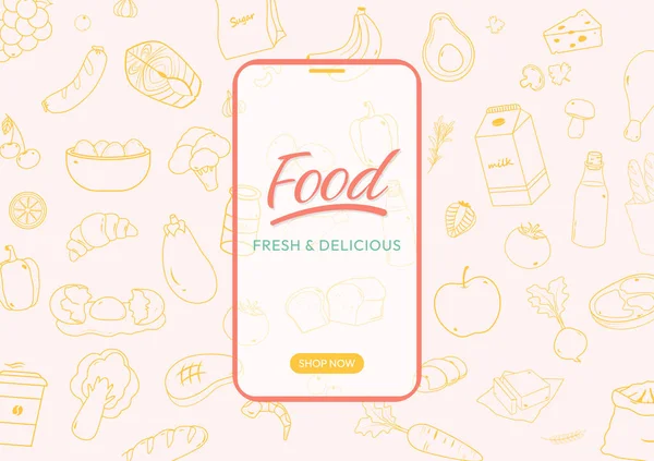 Food Background Mobile Phone Design Meat Vegetables Fruit Bread Line — Stock Vector