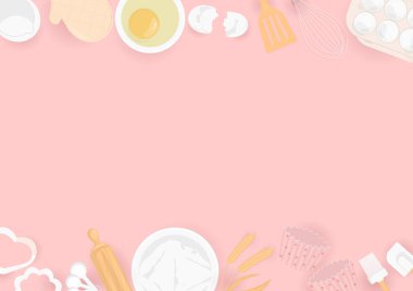 Un, yumurta ve buğdaylı mutfak gereçleri. Tablo düz dizayn.