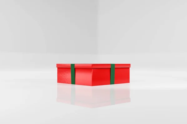 Regalo Natale Rosso Scatola Regalo Con Nastro Verde Sfondo Bianco — Foto Stock