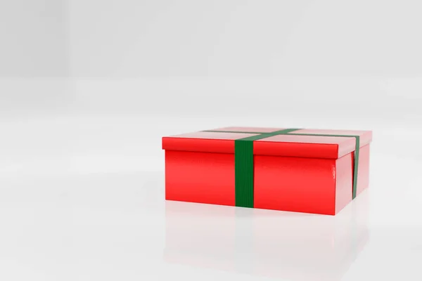 Red Christmas Geschenkdoos Aanwezig Met Groen Lint Witte Studio Achtergrond — Stockfoto