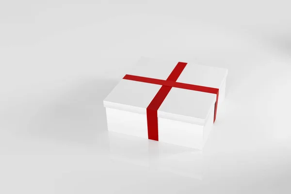 Белая Глянцевая Подарочная Коробка Красной Лентой Белом Глянцевом Фоне — стоковое фото