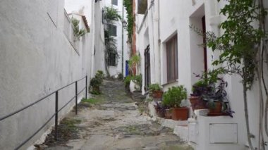 Kosta Brava, Girona, Katalonya, İspanya 'da beyaz Kadavra evleri olan turist köyünde bir caddenin statik planı. Dekoratif bitkiler pencerelerin etek tahtalarında ve...