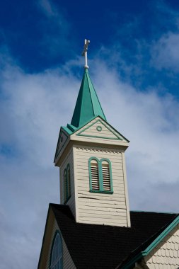 Neo-Gotik Lutheran Kilisesi çan kulesi. Frutillar Bajo, Şili