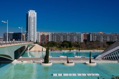 Valencia, İspanya. 6 Şubat 2019. Açık mavi su havuzları. Sanat ve Bilim Şehri 'nde. Mimarlar Santiago Calatrava ve Felix Candela