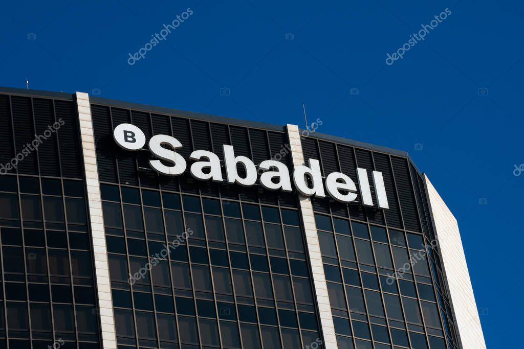 Barcelona, Spain. February 9, 2019. Big Sabadell Bank sign on Diagonal Avenue