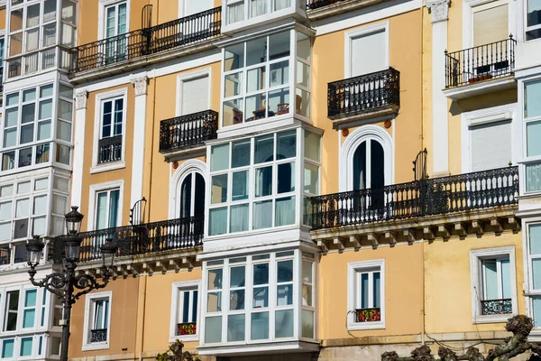 View of an old building facade and balconies. Santander, Spain