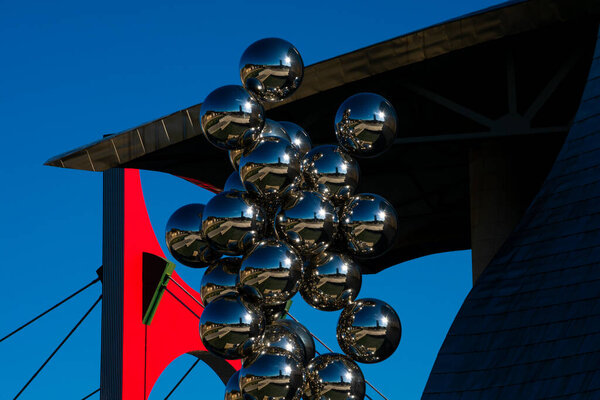 Bilbao, Spain. February 13, 2019.  Tall Tree and The Eye by artist Anish Kapoor. Guggenheim Museum Bilbao