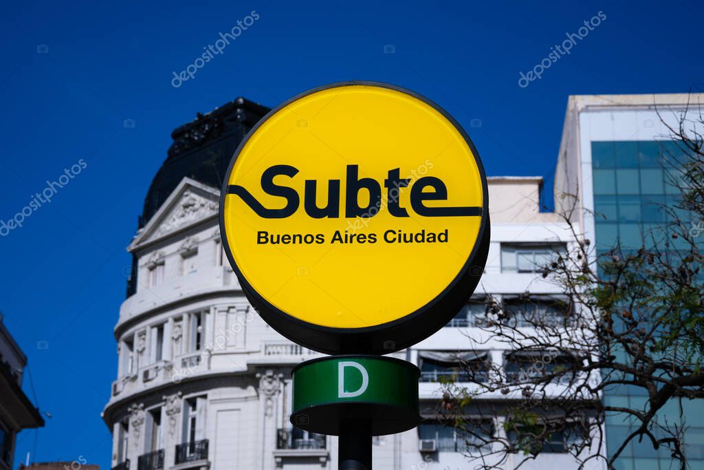 Buenos Aires, Argentina. August 19, 2019. Buenos Aires Underground sign (Subte de Buenos Aires / Subterraneo de Buenos Aires). Line D