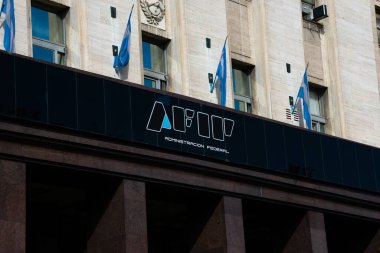 Buenos Aires, Arjantin. 19 Ağustos 2019. Federal Kamu Gelirleri İdaresi İşareti (İdari Federal de Ingresos Publicos) genellikle AFIP Arjantin 'in gelir servisidir.