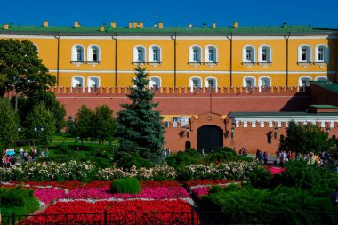 Moskova, Rusya. 25 Ağustos 2018. Alexander Garden 'da renkli çiçekler. Kremlin duvarı ve Arsenal binası arkada.