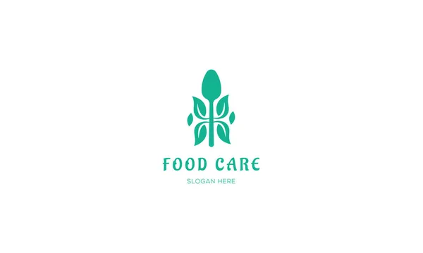 Logotipo Del Restaurante Cuidado Alimentos Con Cuchara Hoja Plantilla Logotipo — Vector de stock