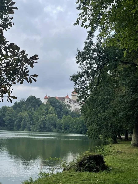 green lake shore with trees and a castle on a hill in the background. High quality photo