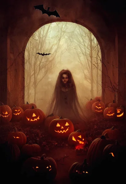 Strašidelná Čarodějnice Jack Lucerny Netopýry Halloween Pozadí — Stock fotografie