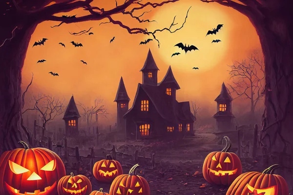 Casa Malvada Calabazas Espeluznantes Fondo Halloween Ilustración Digital — Foto de Stock