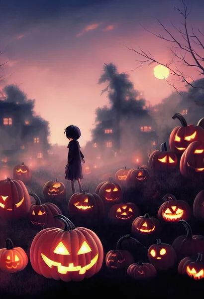 Fondo Halloween Una Niña Pequeña Cabezas Calabaza Sonrientes Pueblo Espeluznante — Foto de Stock