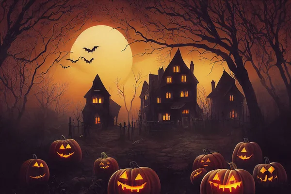 Jack Linternas Frente Casa Embrujada Halloween Con Murciélagos Luna Cielo — Foto de Stock