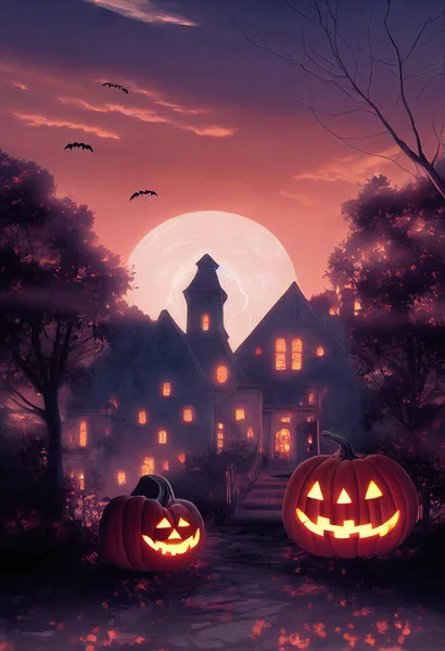 Halloween Pozadí Usmívající Jack Lucerny Před Strašidelný Dům Digitální Ilustrace — Stock fotografie