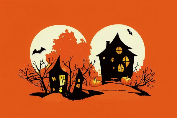 Jack Lanterns Front Haunted Halloween House Digital Illustration — Stock Photo, Image