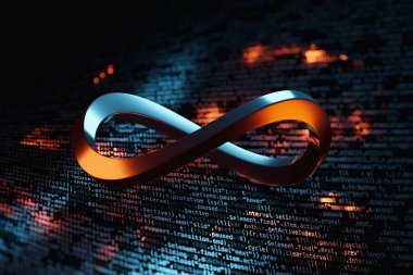 Bilgisayar programlama kodunda 3 boyutlu sonsuzluk sembolü. Bilgisayar bilimi ve teknoloji geçmişi. 3B görüntüleme.