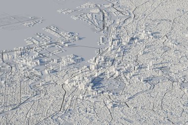 3D şehir haritasının yüksek açılı görüntüsü. 3B görüntüleme.