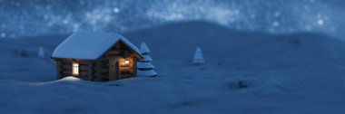 Kış gecesi karla kaplı huzurlu dağ kulübesi. Gökyüzünde parlayan yıldızlar. Pencerede ışık var. 3B görüntüleme