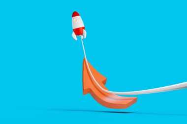 Çizgi film 3 boyutlu roket yukarı doğru kırmızı bir okla fırlatılıyor. İşler değişti konsepti. 3B görüntüleme.