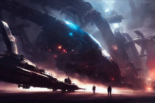 Epic scene of massive scifi machines in strange world, digital illustration