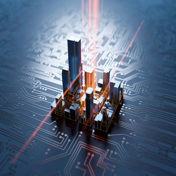 Smart city on circuit board. Urban technology and engineering background. 3D rendering.