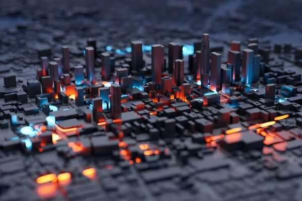 Μπλε Και Πορτοκαλί Φώτα Smart City Μινιατούρα Μοντέλο Απόδοση — Φωτογραφία Αρχείου